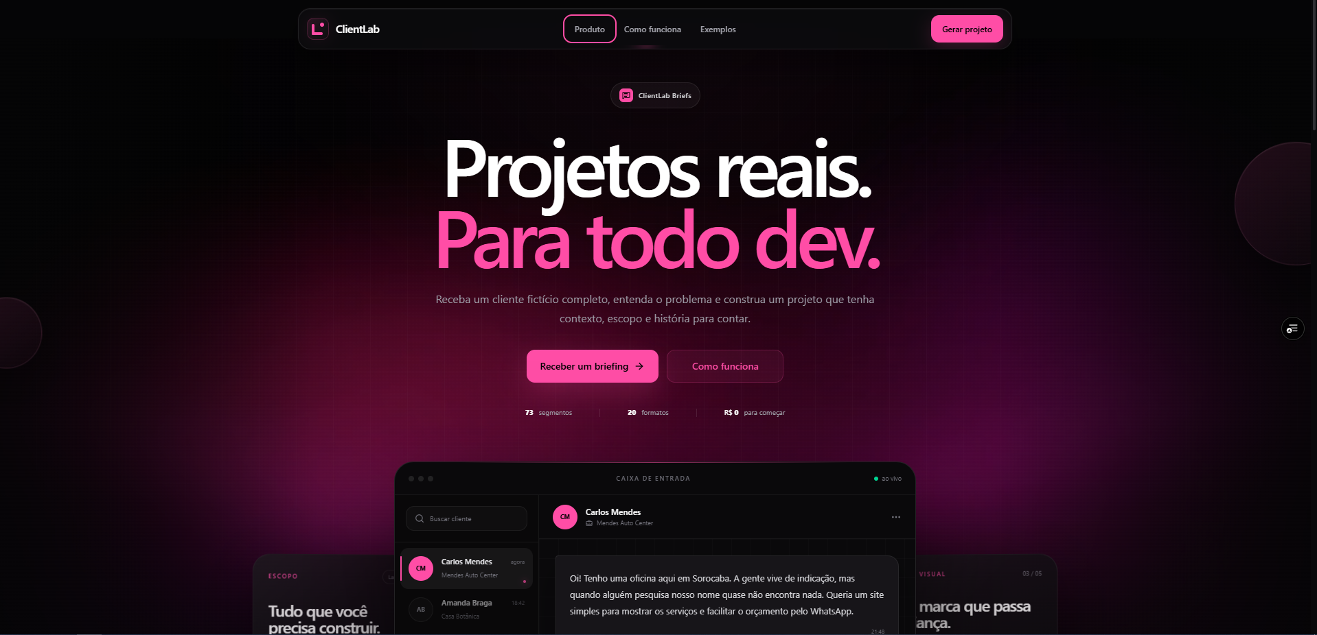 Screenshot da página inicial do ClientLab